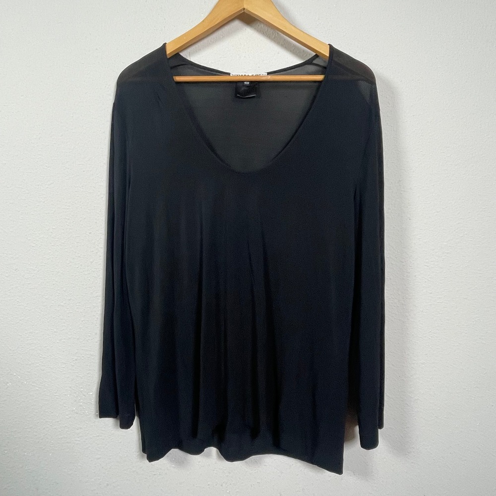 Liviana Conti Top Women 48 Black Sheer Mesh V-Neck Long Sleeve Pullover Italy